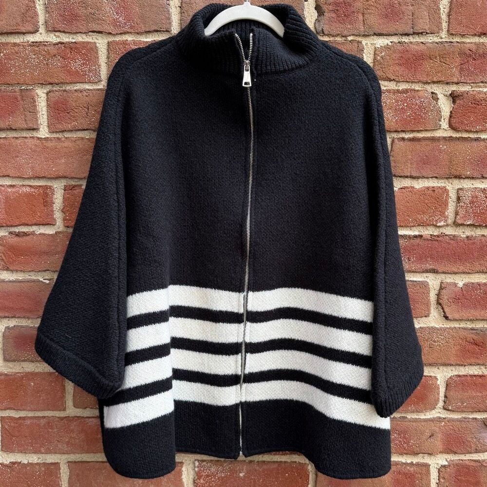 Anthropologie Do Everything in Love Women's Stripe Full Zip Poncho Sweater Black